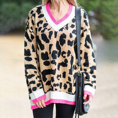 

〖Follure〗V-neck Sweater Sexy Fashion Leopard Print Winter Knit Patchwork Long Sleeves
