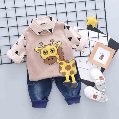 

Autumn Baby Boy Long Sleeve Geometric Print T-shirt Sleeveless Deer Sweater Denim Trousers Casual Outfits