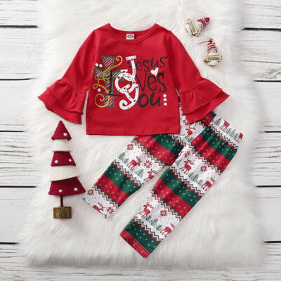 

Toddler Kid Baby Girls Xmas Print Clothes Ruffle Tops T Shirts Pants Outfits Set