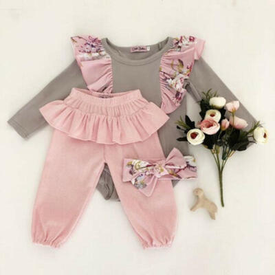 

Newborn Baby Girl Ruffle Long Sleeve RomperPantsHeadband Outfits Set Clothes