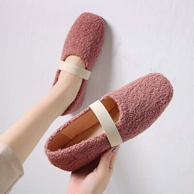 

Woolen shoes for women wearing autumn flat-soled lamb wool shoes&beans shoes with elastic straps