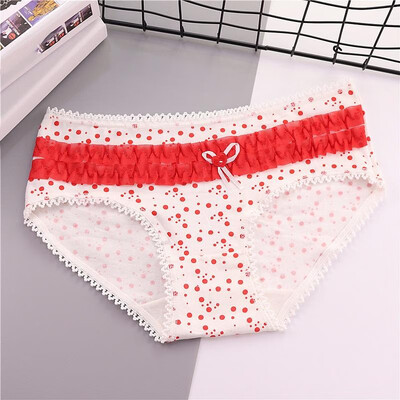

Cute Women Underwear Cotton Blends Polka Dot Print Crochet Lace Scallop Tied Ruffle Elastic Waist Bow Briefs