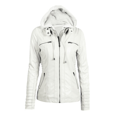 

Womens Faux Leather Hooded Jacket Zippered Hoodie Short Slim Motorcycle Jacket Coat