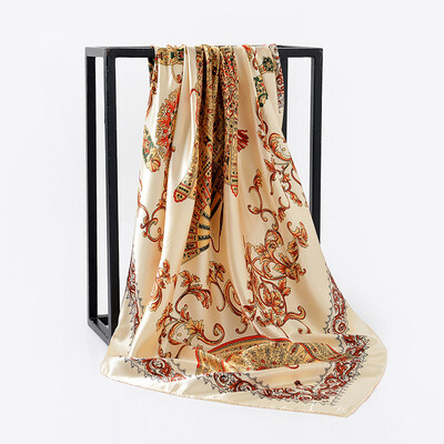 

Chinese style ethnic style satin printing fan square scarf ladies sunscreen shawl silk scarves manufacturers wholesale