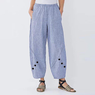 

Plus Size Women High Waist Stripe Button Wide Leg Pants Trousers Loose Pants
