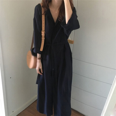 

Women Fashion Lapel Long Trench Coat Long-sleeve Loose Fit Solid Color Cardigan