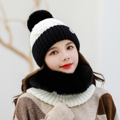 

Autumn&winter 2019 Wool Hat Womens color matching wool ball warm knit hat set head Bib Set hat manufacturer direct sales