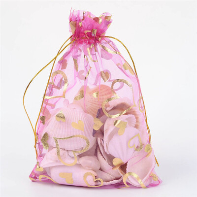

PH PANDAHALL 100pcs 18x13cm Orchid Color Heart Printed Rectangle Organza Bags Gift Bags