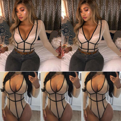 

Sexy Womens Sheer Mesh Bodysuit Long Sleeve Lingerie Translucent Leotard Romper
