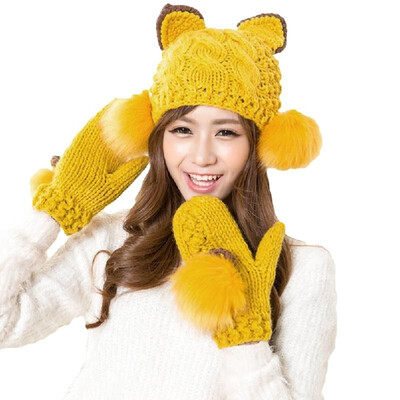 

New Fashion Winter Women Knitted Mittens Contrast Color Faux Fur Cat Ears Warm Gloves