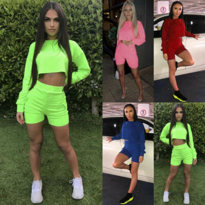 

2Pcs Women Tracksuit Sweatshirt Crop Tops Short Pants Set Lounge Wear Sport Suit