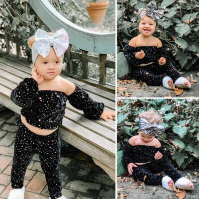 

US Kid Baby Girl Sequin Outfit Off Shoulder Shirt Crop Tops Pants Velvet Clothes