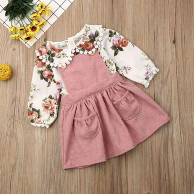 

US Infant Girl Dress Floral Doll Collar Long Sleeve Top Strap Skirt Clothes 2PCS