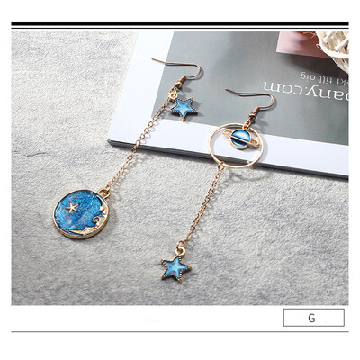 

Women Blue Metal Asymmetric Geometry Starry Moon Planet Stud Earrings Long Asymmetric Wild Sweet Jewelry Eardrop