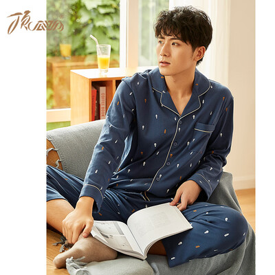 

Top melon melons mens autumn cotton printed card lapels long sleeve trousers mens pajamas set ZY55120 deep sea blue 170