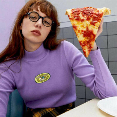 

Autumn High Collar Bottoming womens Purple Thread Embroidery T-shirt Blouse UK