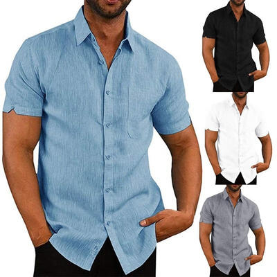

Mens Linen Short Sleeve Summer Solid Shirts Casual Loose Dress Soft Tops Tee