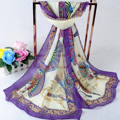 

New Fashion Women Chiffon Scarf Folding Fan Floral Print Long Shawl Beach Pashmina Elegant Thin Scarf