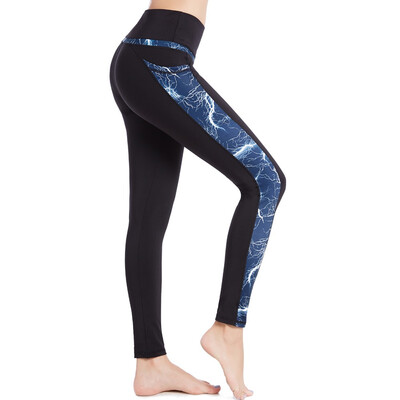 

Women Yoga Long Pants Lightning Sport Tights Workout Running Jogging Gym Fitness Leggings High Waist with Side Pocket Black Lig