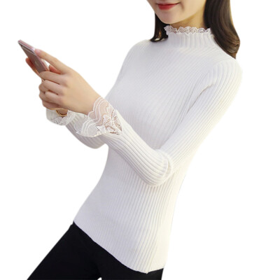 

Autumn Winter Women Casual Cotton Half-high Collar Lace Bottoming Shirt Long-sleeved Slim Wild Solid Sweater Shirt