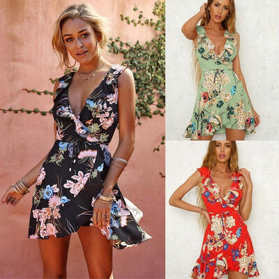 

Boho Womens Holiday V Neck Frilled Mini Casual Summer Beach Floral Party Sunress