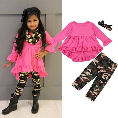 

3pcs Toddler Kids Girls Outfits Clothes Ruffle Tops DressCamo Leggings Set 1-6Y