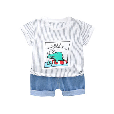 

Dinosaur Stripe T-shirt For Boy Clothes Set Denim Shorts Kids Clothes Set Children Casual Outfits Set