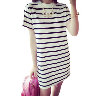 

Korean Female Stripe Print Dress Women O-neck Short Sleeve Loose Dresses