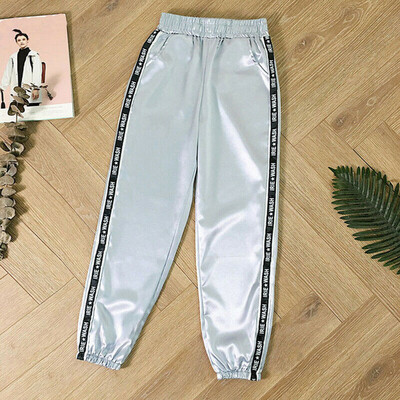 

Tailored Fashion Women Letter Pocket Elastic Waist Reflective Sport Ribbon Trousers Pants