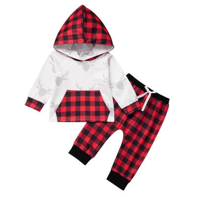 

2Pcs Newborn Baby Girls Boys Christmas Outfits Long Sleeve Hoodie Sweatshirt Tops Plaid Long Pants Set 0-24M