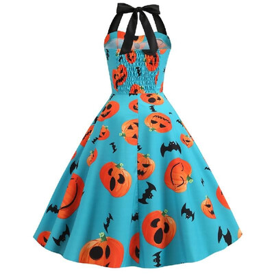 

X3323 cross-border Halloween new retro womens sexy hanging neck wrapped chest elastic waist pumpkin grimace big swing skirt Lake