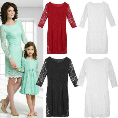 

Mom&Me Family Matching Long Sleeve Lace Wedding Party Dress for Mother Daughter