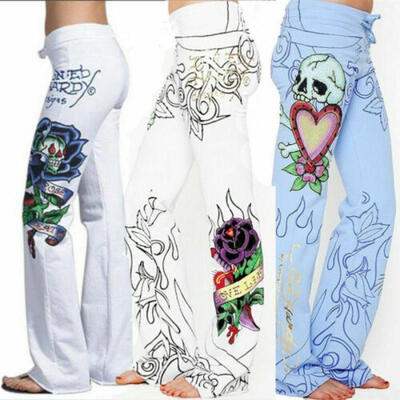 

Women New Fashion Stretchy Wide Leg Pants Cotton Blend Trouser Taro Print Bottom