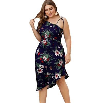 

Plus Size Floral Print Flounced Asymmetrical Dress