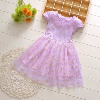 

Summer Casual Baby Girls Short Sleeve Dress with Lace Star Design Kids Toddler Pageant Princess Mesh Sundress