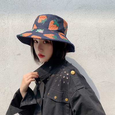 

New star net red same street shoot strawberry print denim blue fisherman hat sunhat tide Korean version basin hat woman