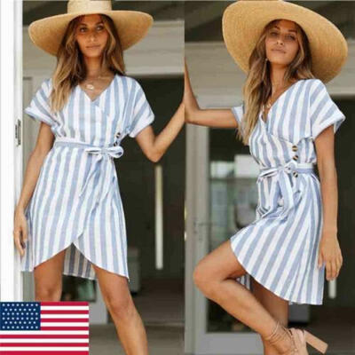 

Women Boho V-Neck Mini Maxi Dress Short Sleeve Casual Loose Plus Size US