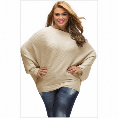 

One-neck long-sleeved ribbed knit loose sweater straight multi-size top