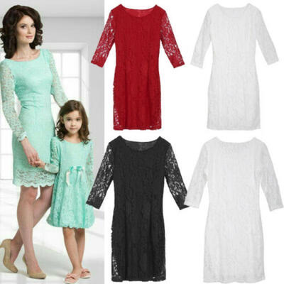 

Mom&Me Family Matching Long Sleeve Lace Wedding Party Dress for Mother Daughter