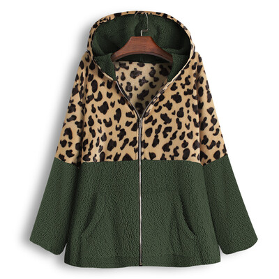 

Toponeto Women Zipper Leopard Patchwork Coat Pocket Fleece Hooded Pullover Top Sweater