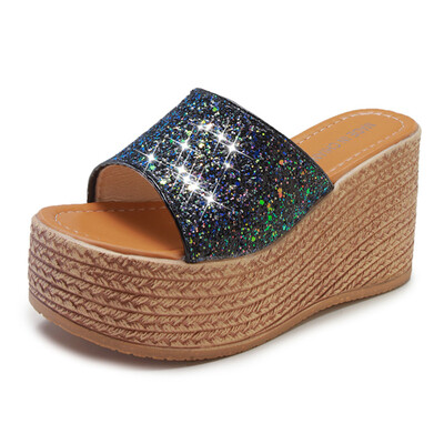 

Summer fashion sequins drag thick bottom slope with wild ladies sandals&muffin sandals tide