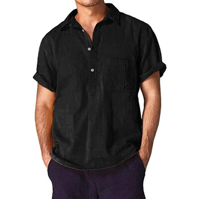 

Men Linen Short Sleeve Shirt Summer Cool Loose Casual V-Neck Shirts Tops