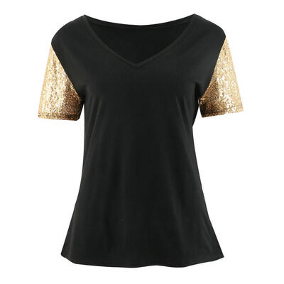 

Women Sequin Stitching T Shirt Short Sleeve Sexy V Neck Summer Casual Tops