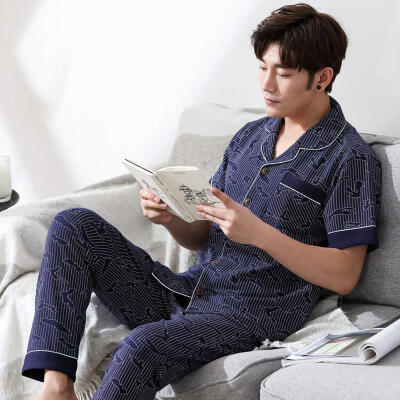 

2018 Summer Pajamas For Men Cotton Silk Short-sleeve Sleepwear Thin Trousers Pajamas Set