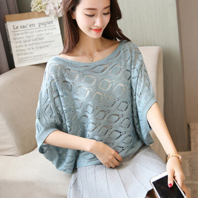 

Women Elegant Knitted Womens Tops And Blouses Hollow Out Batwing Sleeve O-Neck Summer Tops Blusas Mujer De Moda