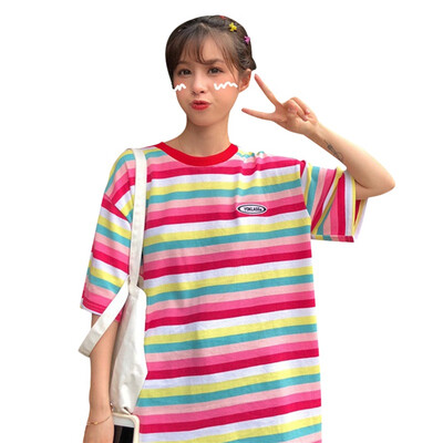 

B Summer Tops Womens T Shirt Short Sleeve O-Neck Rainbow Striped Loose Long T-Shirt camisetas verano mujer