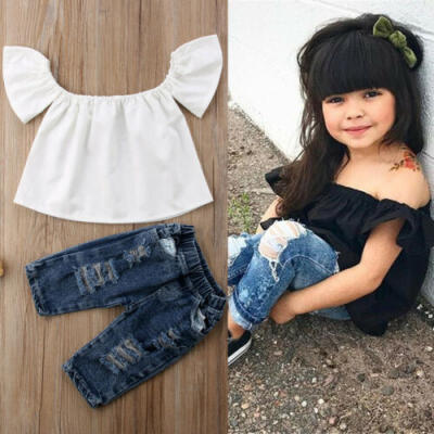 

USA Toddler Kid Baby Girl Off Shoulder Tops Denim Pants Jeans Outfit Set Clothes