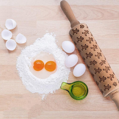 

Wooden Rolling Pin with Easy Roll Bearings Gingerbread Man Engraved Embossing Rolling Pin Baking Cookies Cake Biscuit Tarts Noodle