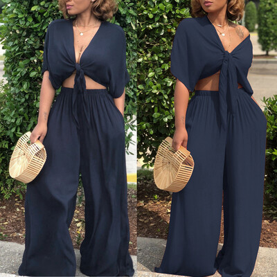 

Roseonmyhand Women Bandage Deep V-Neck Short Sleeve Tops Broad Leg Pants Two Piece Set