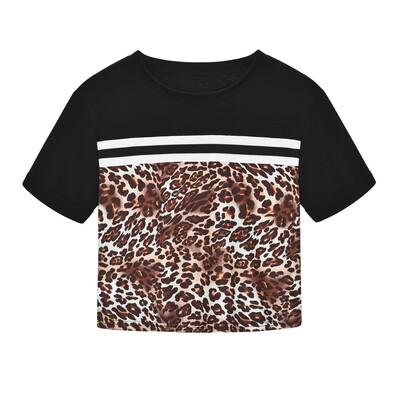 

Nomeni Women O-Neck Sexy Colorblock Printing Leopard Blouse Short Sleeve Tight T-shirt